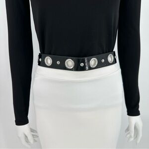 Chic Black Vynil Elastic Snap Closure Belt Silver Hardware